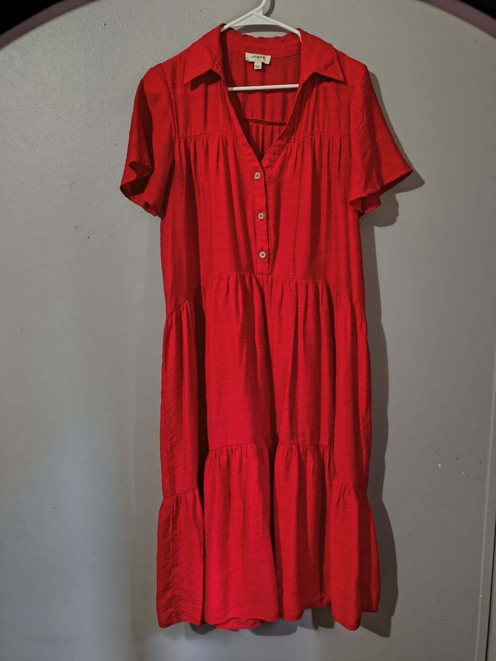 Umgee Red Button Front Tiered Shirt Dress Size Large Bohemian Style Split V Neck - Picture 2 of 13